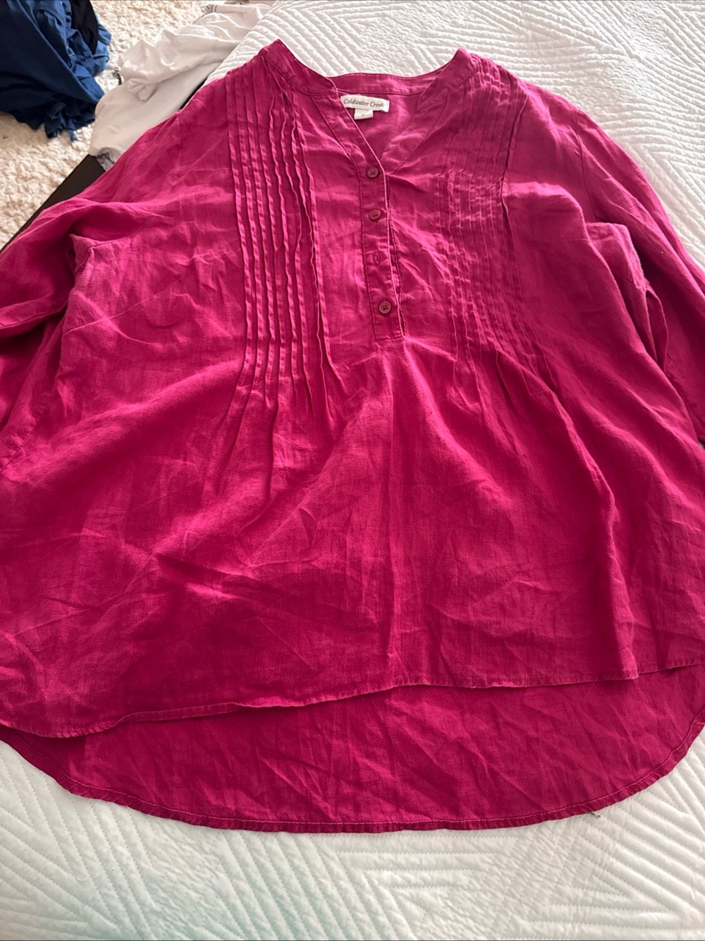 Coldwater Creek Fuchsia Pintuck V-Neck linen Blouse, size 1X